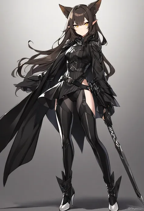 1girl, medium length brunette hair, elf ears, yellow eye with cat pupils, wearing assassin fantasy clothing with heeled boots all black gray and white.