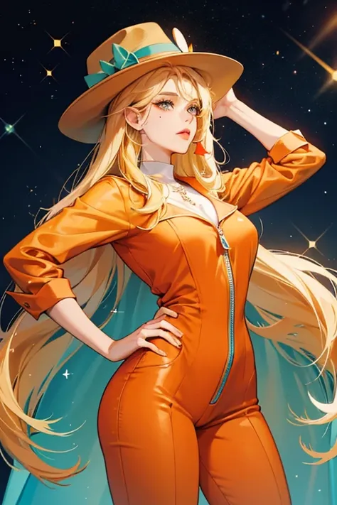 She is a light teal  with long, blonde hair, light orange lips, and a mole on her cheek. She wears a red-orange jumpsuit and hat.  SPARKLE; GLITTER
