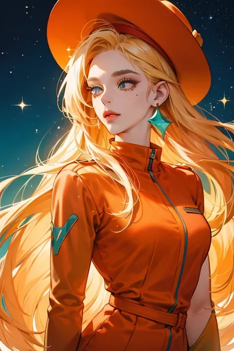 She is a light teal  with long, blonde hair, light orange lips, and a mole on her cheek. She wears a red-orange jumpsuit and hat.  SPARKLE; GLITTER
