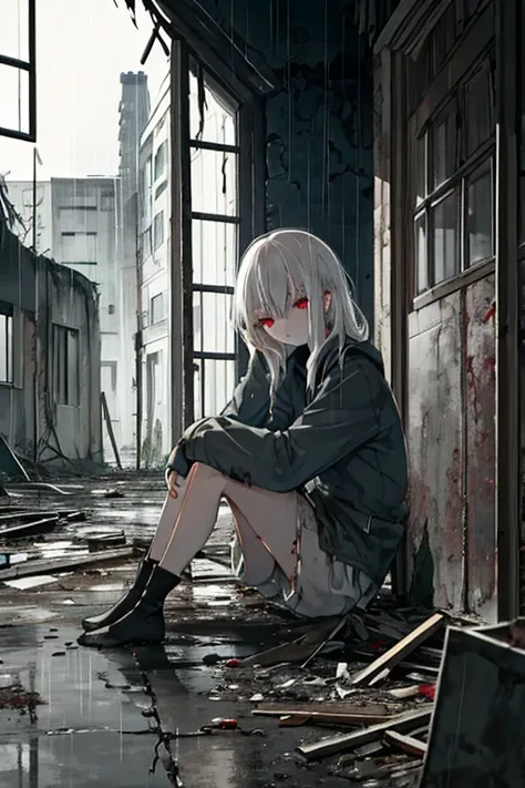 ((high quality)), (abandon building background),inside, dark room, window above her, raining, girl, short, long white hair, dirty clothing, neutral face, red eyes, dead stare, sitting on the ground, fetal position