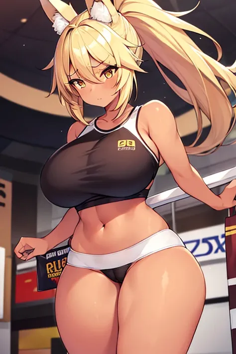 1girl, blonde hair, ponytail, wolf ears, tan skin, tan, highleg panties, panties, micro panties, cameltoe, sports bra, black sports bra, ((mall)), mall, ((shopping)), shopping, bare legs, no pants, yellow eyes, huge breasts, thick thighs, wide hips,