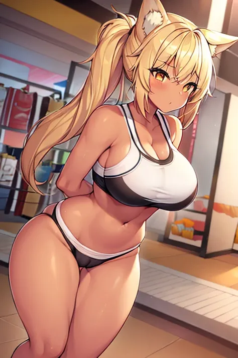 1girl, blonde hair, ponytail, wolf ears, tan skin, tan, highleg panties, panties, micro panties, cameltoe, sports bra, black sports bra, ((mall)), mall, ((shopping)), shopping, bare legs, no pants, yellow eyes, huge breasts, thick thighs, wide hips,