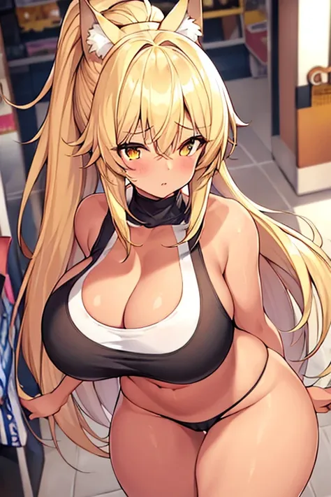 1girl, blonde hair, ponytail, wolf ears, tan skin, tan, highleg panties, panties, micro panties, cameltoe, sports bra, black sports bra, ((mall)), mall, ((shopping)), shopping, bare legs, no pants, yellow eyes, huge breasts, thick thighs, wide hips,