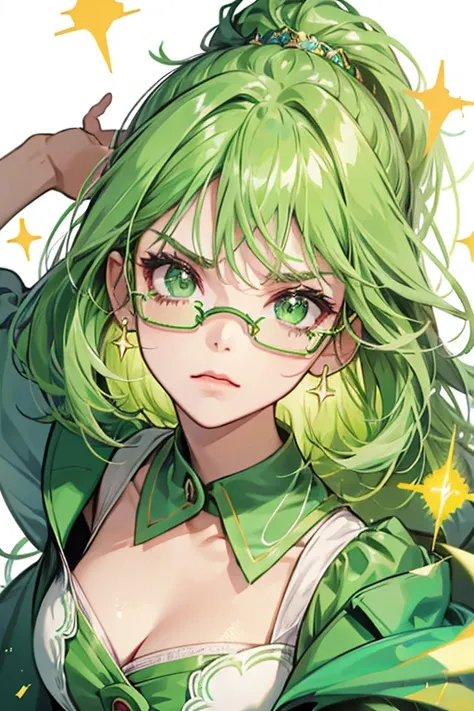 She makes an angry face when seen and has light-green glasses, a light-green nose, a light-green mouth and light-green eyes. SPARKLE; GLITTER