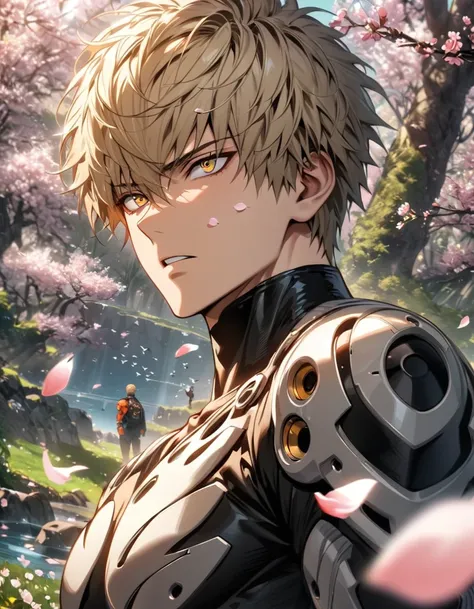 absurdres, highres, ultra detailed, HDR, masterpiece, extremely detailed face and eyes, Genos, ash-blond hair, expressive golden eyes, One Punch Man, 1man, handsome, spring, blossoms, petals, birds, trees