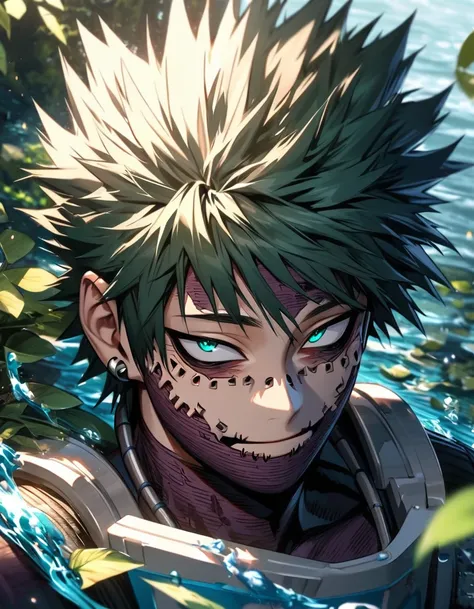 Ultra detailed, highres, absurdres, HDR, Dabi, black spiked hair, turquoise eyes, Boku No Hero Academia, petals, green leaves, water, 1 man only, blue flames, handsome, very detailed face and eyes