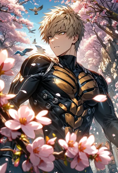 absurdres, highres, ultra detailed, HDR, masterpiece, extremely detailed face and eyes, Genos, ash-blond hair, expressive golden eyes, One Punch Man, 1man, handsome, spring, blossoms, petals, birds, trees