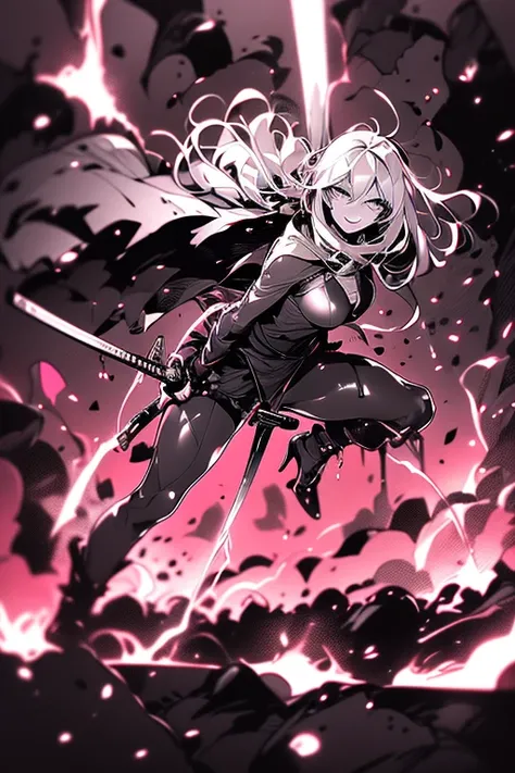 tall woman, long white hair, tight clothing, heels, leggings, in combat, swing katana, blood spraying, smiling, crazy eyes, fighting 