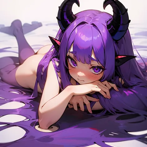 Young succubus. Naked. Horns. No wings. Shy. Blush. Teenage. Purple hair