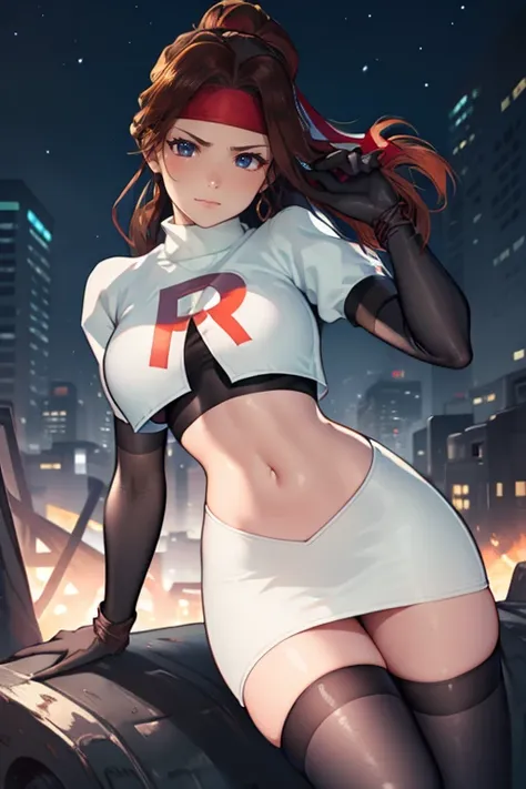 jessie rasberry, headband ,glossy lips, light makeup, eye shadow, team rocket, team rocket uniform, red letter r, white skirt,wh...