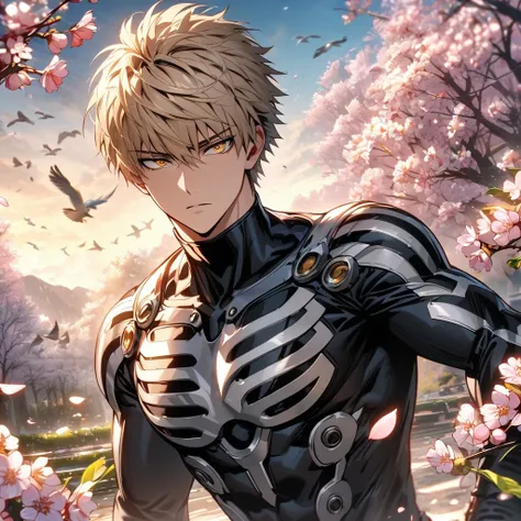 absurdres, highres, ultra detailed, HDR, masterpiece, extremely detailed face and eyes, Genos, ash-blond hair, expressive golden eyes, One Punch Man, 1man, handsome, spring, blossoms, petals, birds, trees