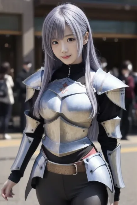 A female knight in shiny metal armor、Silver Hair、leggings