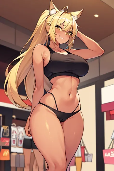 1girl, blonde hair, ponytail, wolf ears, tan skin, tan, highleg panties, panties, micro panties, cameltoe, sports bra, black sports bra, ((mall)), mall, ((shopping)), shopping, bare legs, no pants, yellow eyes, huge breasts, thick thighs, wide hips, smile,...