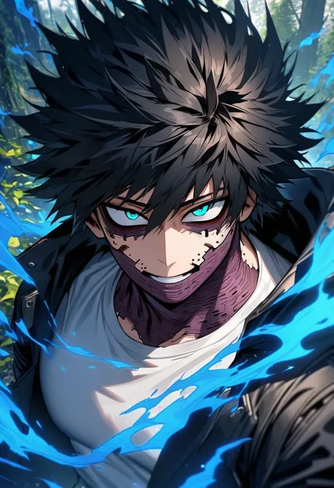 Ultra detailed, highres, absurdres, HDR, Dabi, black hair that spikes upward around his head, turquoise eyes, Boku No Hero Academia, blue forest, white tight T-shirt, 1 man only, blue flames, handsome, very detailed face and eyes, black coat,