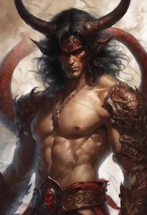 close-up of a demon, casimir art, Shigenori Soejima illustration, Boris Vallejo.   daemon, infected with mushrooms, cutting your skin, drinks alcohol, flowing down his body and mixing with the blood on the floor.    detailed drawing of an anime character, ...