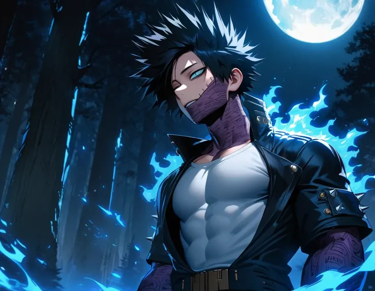 Ultra detailed, highres, absurdres, HDR, Dabi, black hair that spikes upward around his head, turquoise eyes, Boku No Hero Academia, blue forest, white tight T-shirt, 1 man only, blue flames, handsome, moon, black long coat,