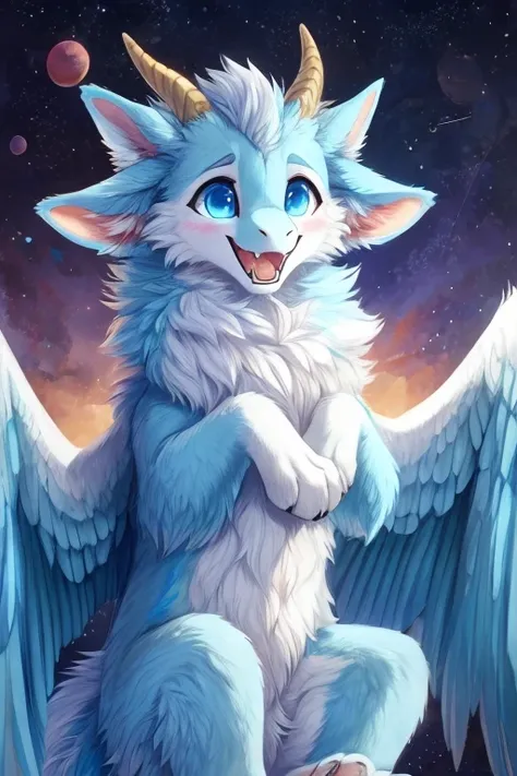 furry art, feral, furred dragon, female, white and blue fur, wings, 4 ears, four ears, 4 big ears, multiple sets of ears, many ears, horns, tail, chest fluff, paws, fangs, embarrassed, happy, blind, faded eyes, faded blue eyes, faded cloudy eyes, staring o...