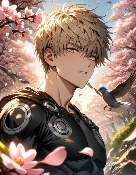 absurdres, highres, ultra detailed, HDR, masterpiece, extremely detailed face and eyes, Genos, ash-blond hair, expressive golden eyes, One Punch Man, 1man, handsome, spring, blossoms, petals, birds, trees