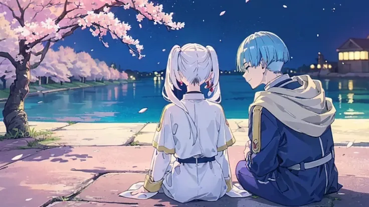 ((highest quality, super detailed girl and boy:1.4))BREAK,(girl is White hair,green eyes,shining eyes,((very long twin tail:1.3)):1.3),BREAK,(boy is Blue hair,boy is short hair:1.3),BREAK,(boy and girl walking side by side:1.4),(landscape photography:1.3),...