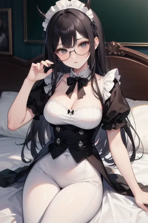 character illustration，A tall female character lies on the bed，Her right hand is on her forehead，Put your left hand on your belly，She has long black hair，long to waist，with hexagonal glasses，Still have horns，The expression is arrogant，Wearing a maid outfit