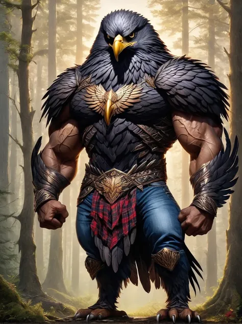 An interesting mythical creature standing in its natural environment，The creature is of muscular Hispanic male descent，Wearing torn jeans and a flannel shirt，However，The head of this creature is a majestic and powerful eagle.，Its sharp eyes give people a s...