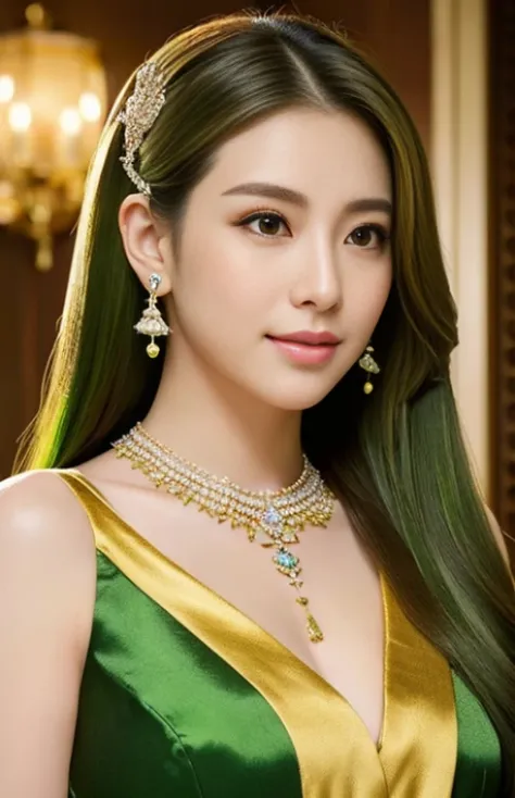 White and beautiful skin with attention to detail, Detailed Japanese facial features, A big bust with attention to detail, Golden jewels around the neck, Beautiful long straight green hair that almost reaches the ground, The background is a brightly lit ro...