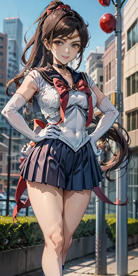 best quality, (masterpiece:1.2), highly detailed, standing, outdoors, building, school, FEMALE hand on hips 1girl, solo, standing, looking at the viewer, smile, sign to viewer brown hair, ponytail, brown eyes, scrunchie, (sailor senshi uniform), circlet, j...