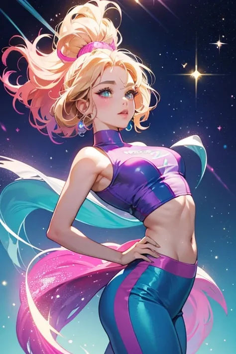 She is a light purple with a hot-pink dorsal fin, lips, arms, and legs. She has a dark blonde afro and wears a cyan shirt and dark blue pants. SPARKLE; GLITTER