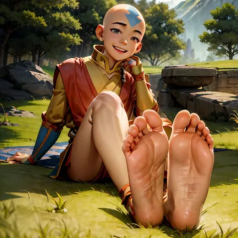 ((Masterpiece)), ((highest quality)), ((ultra detailed)), young male, happy, Aang from the last airbender, Sitting on a grassfield, showing the soles of his feet, feet focus, perfect feet 