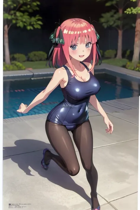 best quality, ultra-detailed masterpiece, anime art style, cute characters, nino nakano, one-piece swimsuit, large breasts, pantyhose, blush, smile, full body