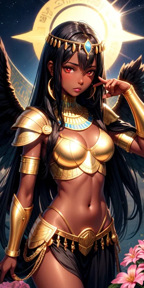 realistic, 1girl,dark skin, black hair,egyptian,goddes,gold armor,fly,have wings, brown eyes, glowing eyes, crop top, skirt, parted lips, blush, night, flowers, sun, sunlight,