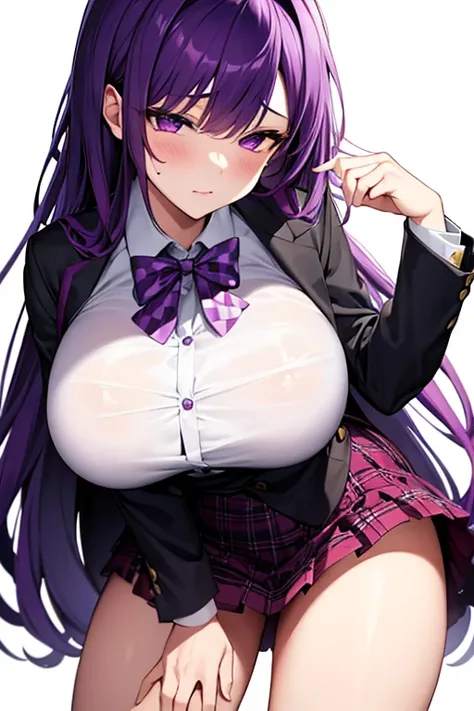 half closed eyes, semi-long, High school girls, Purple Hair, Purple Eye, Downer, Big Breasts, Purple Checkered Pleated Skirt