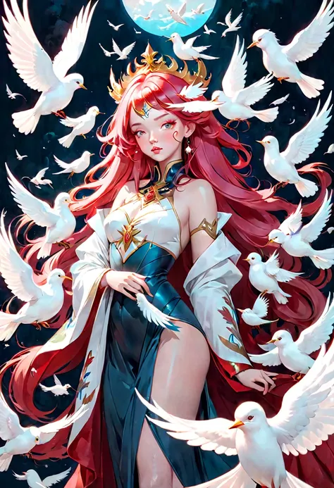 A queen with long pink hair and a bunch of white birds, loish and wlop, artgerm and james jean, red haired goddess, by loish, inspired by Ross Tran, james jean and wlop, cloud goddess, by Ross Tran, artwork in the style of guweiz, loish and ross tran, styl...