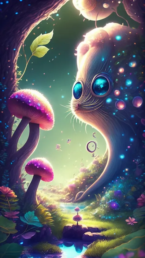 in a magical forest of lush green exotic plants and lush exotic colorful flowers, crystal clear water seeps, little creature with features of a mushroom and an octopus on top, beeple 和 jeremiah ketner, an alien mushroom with tentacles, very beautiful and c...