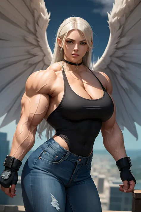 (((((Massive tall, beautiful, buff, brown skinned muscular woman with white hair, ginormous bulky muscles, giant black wings, flying in the sky and wearing a tight white tank top with tight denim pants))))), close view, massive muscle, massive biceps, hype...