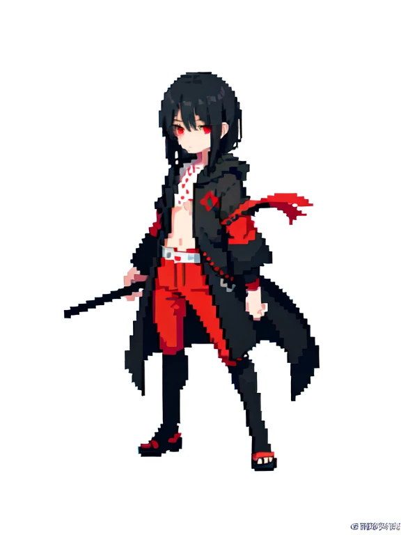 (masterpiece, top quality, best quality), pixel,pixel art,1man,itachi uchiha,black and red clothes,full body, 
 