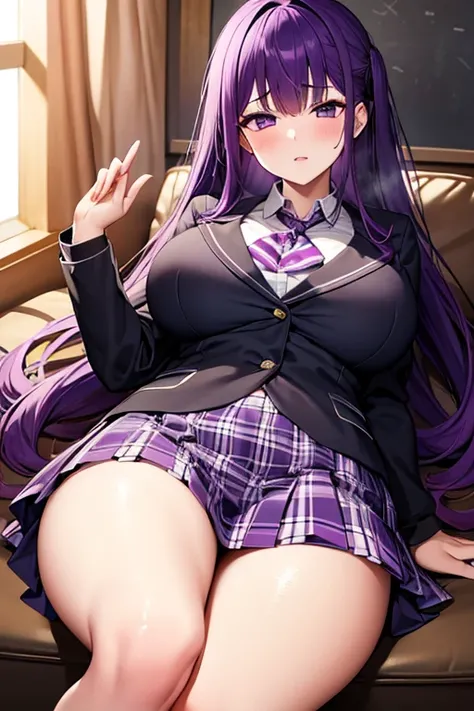 half closed eyes, semi-long, High school girls, Purple Hair, Purple Eye, Downer, Big Breasts, Purple Checkered Pleated Skirt, nsfw