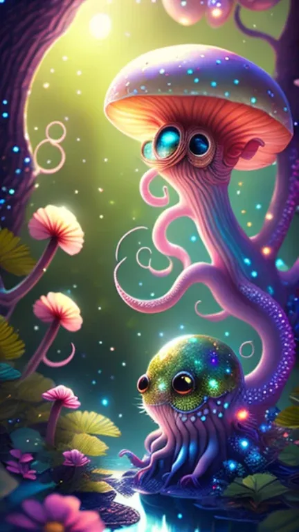 in a magical forest of lush green exotic plants and lush exotic colorful flowers, crystal clear water seeps, little creature with features of a mushroom and an octopus on top, beeple 和 jeremiah ketner, an alien mushroom with tentacles, very beautiful and c...