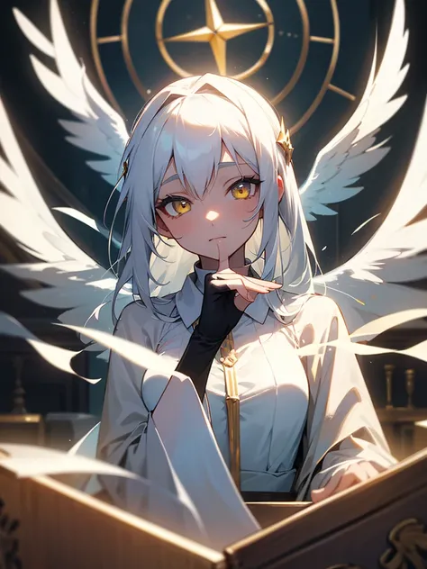 1girl, white hair, yellow eyes, archangel, white dress, halo, divine light, holy aura, secretary, desk, sat behind desk, calm expression, sacrosanct, godly presence, masterpiece, ultra detailed, beautiful face, detailed eyes, dramatic lighting,