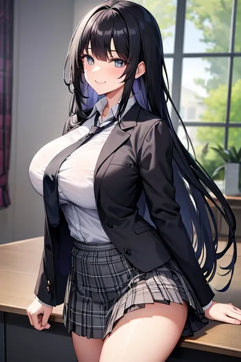 Black Hair, Iris, Long Hair, High school girls, Big Breasts, cool, smile, Grey plaid pleated skirt, School, tie, Dress casually, nsfw