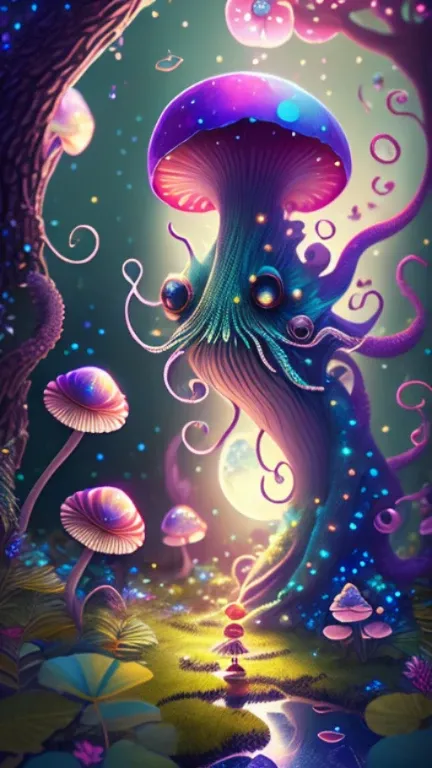 in a magical forest of lush green exotic plants and lush exotic colorful flowers, crystal clear water seeps, little creature with features of a mushroom and an octopus on top, beeple 和 jeremiah ketner, an alien mushroom with tentacles, very beautiful and c...