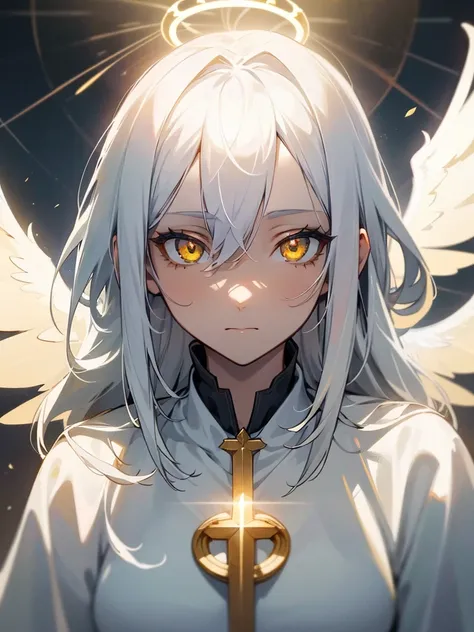 1girl, white hair, yellow eyes, archangel, white dress, halo, divine light, holy aura, heaven, heavenly background, secretary, calm expression, sacrosanct, godly presence, masterpiece, ultra detailed, beautiful face, detailed eyes, dramatic lighting,