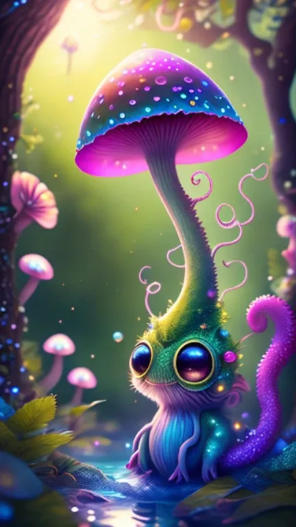 in a magical forest of lush green exotic plants and lush exotic colorful flowers, crystal clear water seeps, little creature with features of a mushroom and an octopus on top, beeple 和 jeremiah ketner, an alien mushroom with tentacles, very beautiful and c...