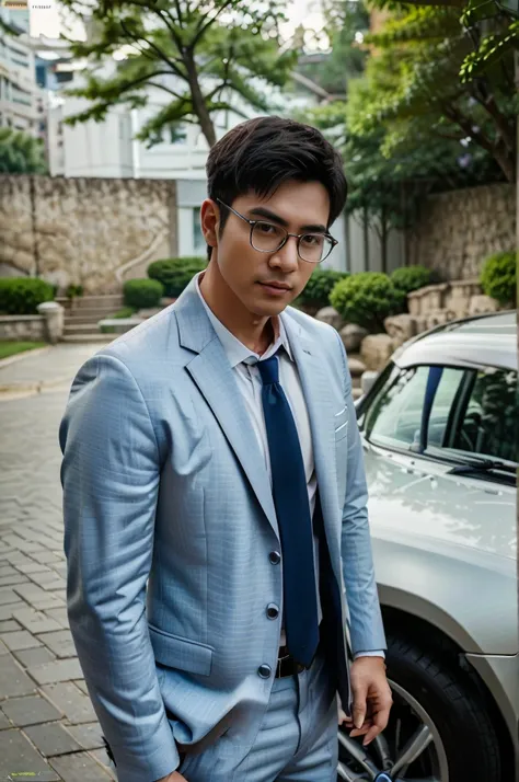 (One wears silver-white titanium alloy thin-rimmed glasses、Wearing a full light blue striped suit、White shirt、Tie、About 25 years old、Japanese men with a height of 180 cm)、best quality、masterpiece、Ultra-high resolution、(Photo realism:1.4)、original photo、(戶外...