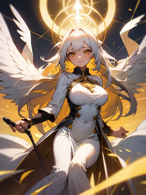 1girl, full body, white hair, long hair, large breasts, yellow eyes, archangel, white dress, halo, divine light, holy aura, heaven, heavenly background, secretary, happy expression, happy smile, sacrosanct, godly presence, platinum colored sky, six large g...