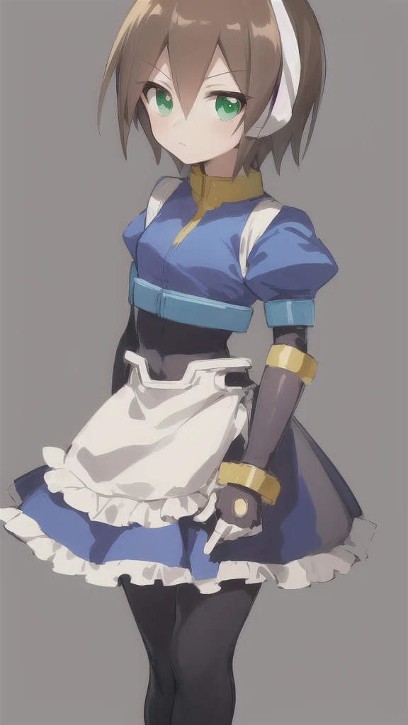 Aile_MegamanZX, 1girl, Looking at viewer, simple background, Brown hair, ,green eyes, Dressed as a maid 