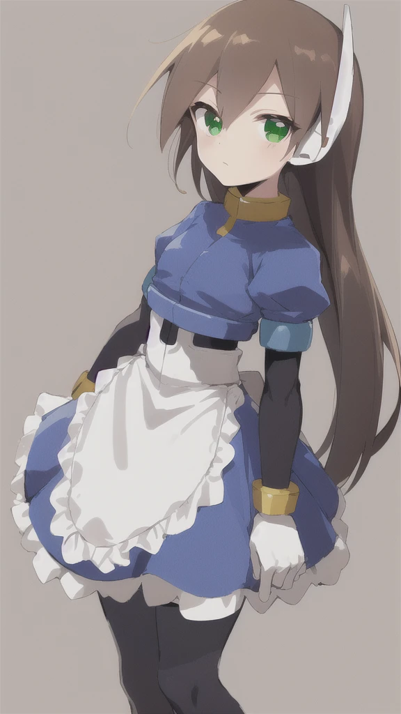 Aile_MegamanZX, 1girl, Looking at viewer, simple background, Brown hair, ,green eyes, Dressed as a maid 