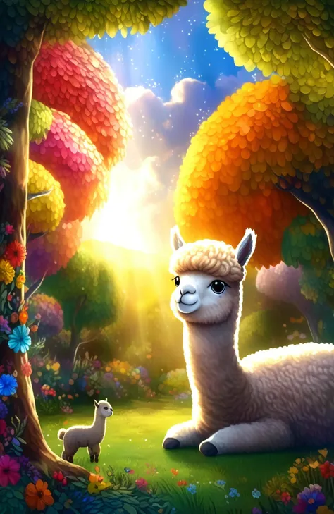 uma alpaca fofa e fofa em um lindo jardim, soft sunlight streaming through the trees, flores vibrantes florescendo em cores, gra...