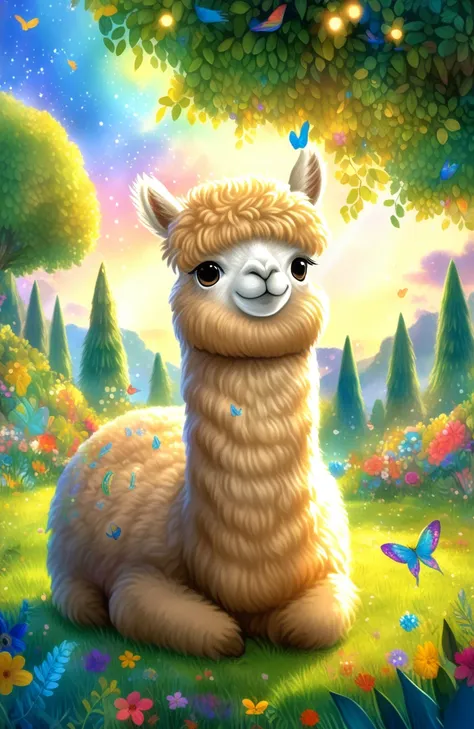 uma alpaca fofa e fofa em um lindo jardim, soft sunlight streaming through the trees, flores vibrantes florescendo em cores, gra...