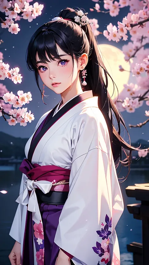 highest quality、Realistic、Night Sky、full moon、moonlight、cherry blossoms、cherry blossoms吹雪、adult woman、Japanese Zoom、look up、cute、Purple eyes、Black Hair、ponytail、White kimono、Japanese clothing、Face close-up、slender